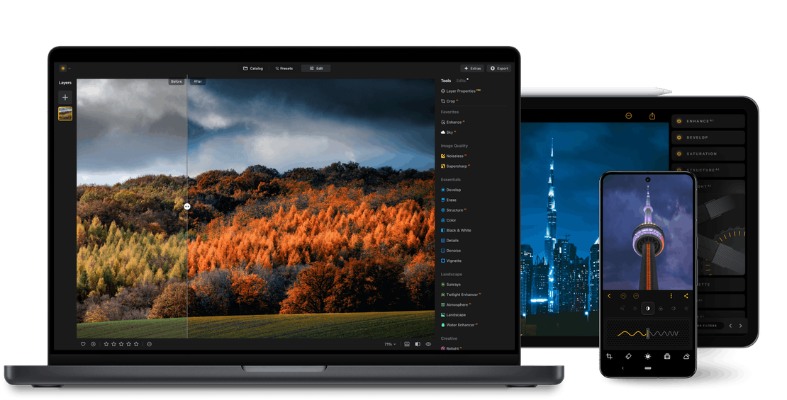 Luminar Neo running on laptop, tablet, and phone